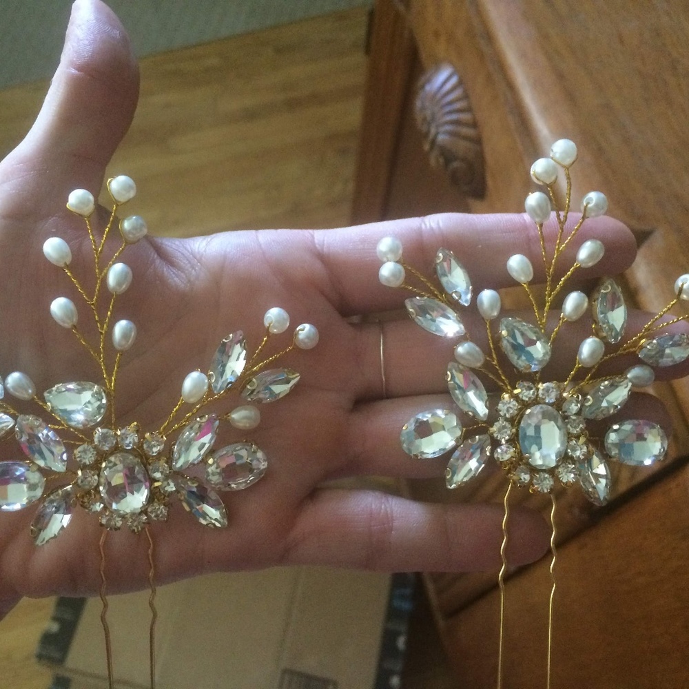 Pearl and Crystal Gold Wedding Hair Pins - 2 Piece